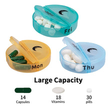 Pill box with large compartments for weekly medication