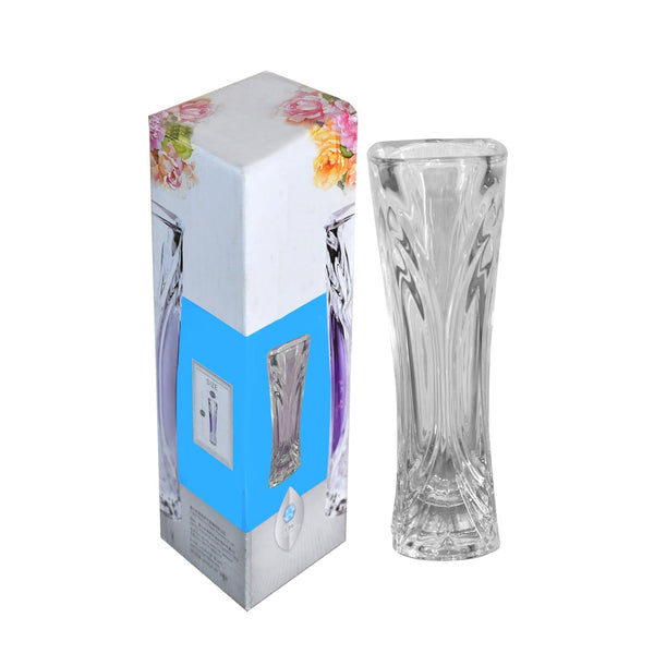 Crystal clear glass vase for home decoration.