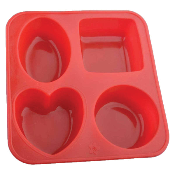 Silicone mold set with circle, square, oval, and heart shapes for soap or mini cakes.