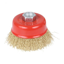 Gold wire wheel cup brush for heavy cleaning.