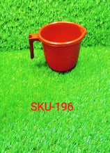 Set of plastic mugs for bathroom use.